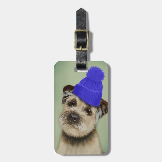 Étiquette À Bagage Bordure Terrier avec Casquette Bobble Bleu (Devant Vertical)