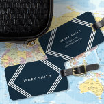Étiquette À Bagage Bordures modernes bleu foncé et blanc géométrique<br><div class="desc">Restez élégant lorsque vous voyagez avec cette étiquette de bagage bleu foncé moderne avec une forme géométrique avec des bordures blanches. Personnalisez cette balise avec vos informations et pour plus d'options comme changer la police et sa taille cliquez sur le bouton "Customiser". *Veuillez noter que le filigrane Zazzle qui apparaît...</div>