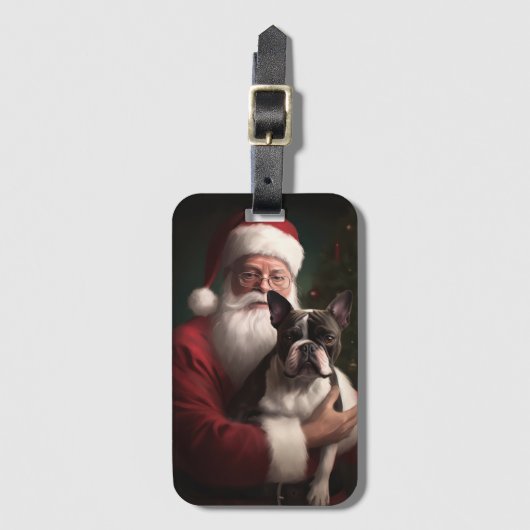 Étiquette À Bagage Boston Terrier avec Noël Festif du Père Noël (Devant Vertical)