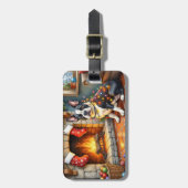 Étiquette À Bagage Boston Terrier Fireplace with Christmas Lights (Devant Vertical)