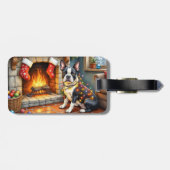 Étiquette À Bagage Boston Terrier Fireplace with Christmas Lights (Dos horizontal)