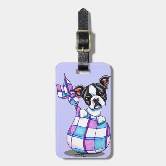Étiquette À Bagage Boston Terrier Plaid Sack Puppy (Devant Vertical)