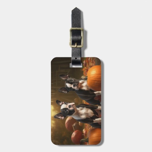 Étiquette À Bagage Boston Terrier Puppy Automne Citrouille de plaisir (Devant Vertical)