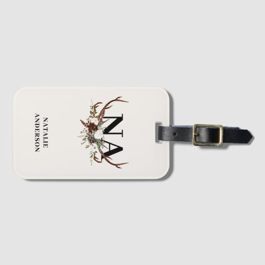 Étiquette À Bagage botanique florale rustique monogramme d'automne pe (Devant Horizontal)