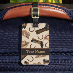 Étiquette À Bagage Botte Casquette Western Cowboy Nom Beige Noir