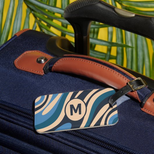 Étiquette À Bagage Boucles ondulées Motif abstrait rétro Bleu initial (Insitu Rectoal 3)