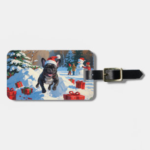 Étiquette À Bagage Bouledogue français noir scène de Noël festive enn
