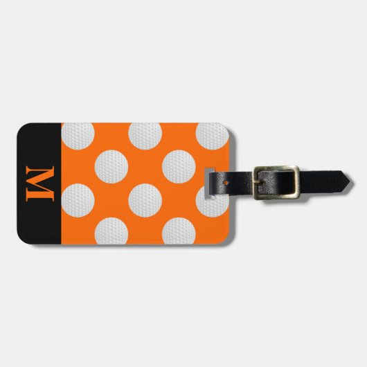 Étiquette À Bagage Boules de golf blanches Monogrammes, Orange (Devant horizontal)