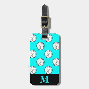 Étiquette À Bagage Boules de volley-ball blanc monogramme, bleu aquat