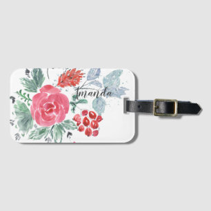 Étiquette À Bagage Bouquet bleu turquoise rose aquarelle personnalisé