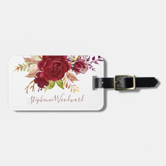 Étiquette À Bagage Bouquet de marsala personnalisé Script floral (Devant horizontal)