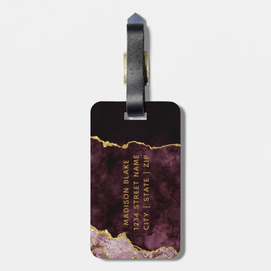 Étiquette À Bagage Bourgogne Blush Gold Foil Agate Marbre (Dos Vertical)
