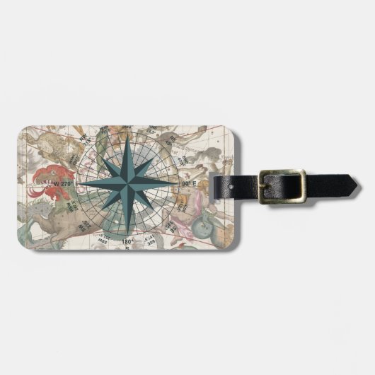 Étiquette À Bagage Boussole sur une carte ancienne (Devant horizontal)