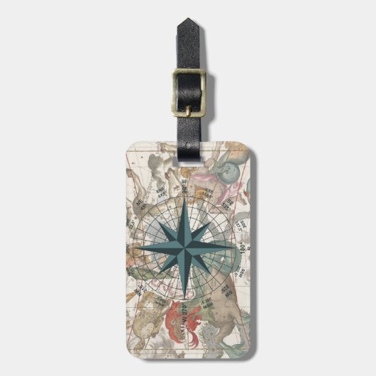 Étiquette À Bagage Boussole sur une carte ancienne (Devant Vertical)
