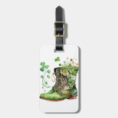 ÉTIQUETTE À BAGAGE BOUTS DE TRAVAIL IRLANDAIS VERT AVEC FLEURS SHAMRO (Devant Vertical)