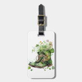 ÉTIQUETTE À BAGAGE BOUTS DE TRAVAIL IRLANDAIS VERT AVEC FLEURS SHAMRO (Devant Vertical)