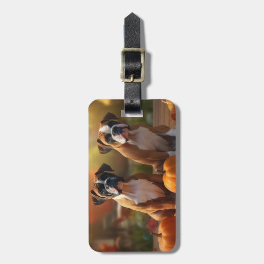 Étiquette À Bagage Boxer Chiot Automne Citrouille de plaisir (Devant Vertical)