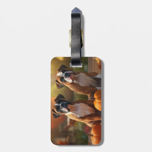 Étiquette À Bagage Boxer Chiot Automne Citrouille de plaisir (Dos Vertical)