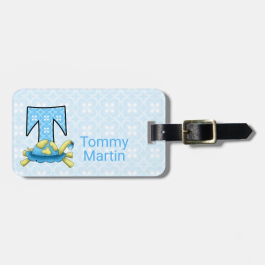 Étiquette À Bagage Boys Blue Letter T pour Turtle Monogrammed Travel (Devant horizontal)