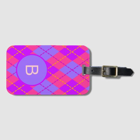 Étiquette À Bagage Bright Pink and Blue Argyle Pattern Monogram (Devant Horizontal)
