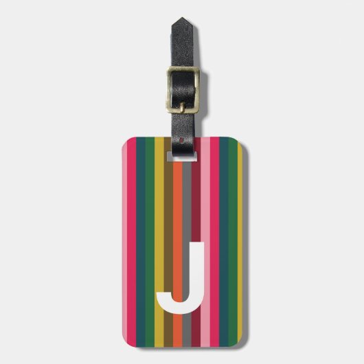 Étiquette À Bagage Bright Pink Stripe Initial (Devant Vertical)
