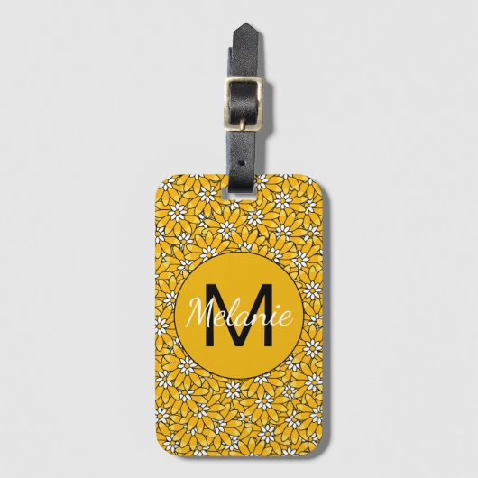 Étiquette À Bagage Bright Yellow Floral Pattern Personalised (Devant Vertical)
