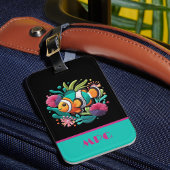 Étiquette À Bagage Broderie Tropical Faux Poissons Initiales Noir Ros