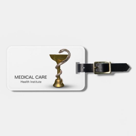 Étiquette À Bagage Bronze Médicale Bowl Hygieia White Snake Caduceus (Devant horizontal)