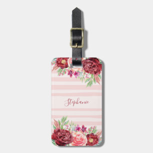 Étiquette À Bagage Brousse Bourgogne Blush Monogramme Floral