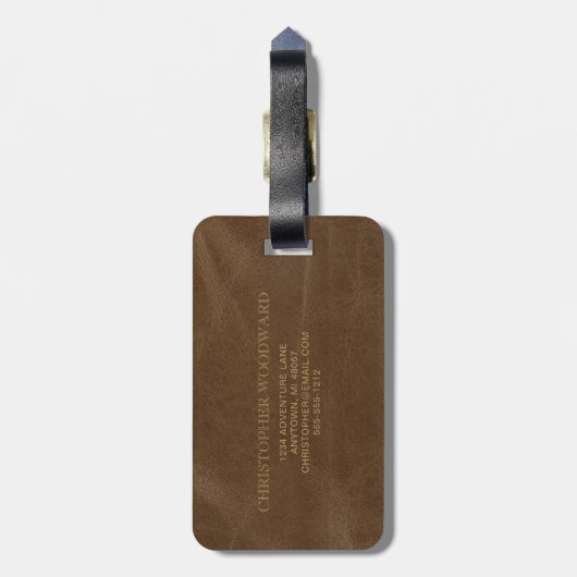 Étiquette À Bagage Brown Faux Cercles en cuir or Monogramme (Dos Vertical)