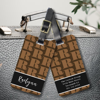 Étiquette À Bagage Brown noir blanc moderne Monogramme initial