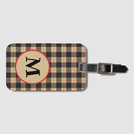Étiquette À Bagage Buffle marron noir et rouge monogrammé (Devant Horizontal)