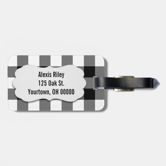 Étiquette À Bagage buffle noir et blanc plaid (Dos horizontal)