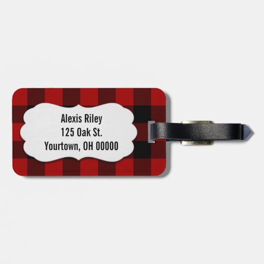 Étiquette À Bagage buffle rouge et noir plaid (Dos horizontal)