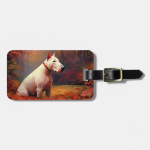 Étiquette À Bagage Bull Terrier dans les feuilles d'automne qui tombe