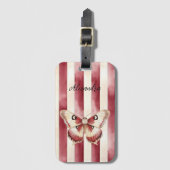 Étiquette À Bagage Burgundy Crème rayures Papillon (Devant Vertical)