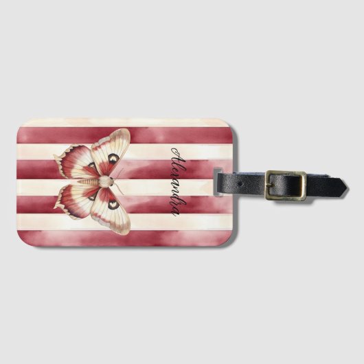 Étiquette À Bagage Burgundy Crème rayures Papillon (Devant Horizontal)