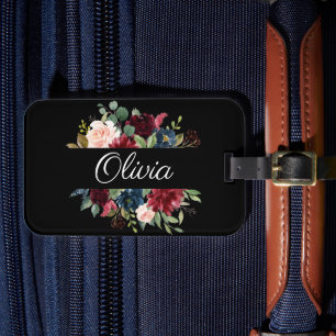 Étiquette À Bagage Burgundy Floral Elégant Joli aquarelle