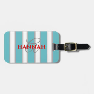 Étiquette À Bagage Cabana Stripe Monogramme en bleu turquoise