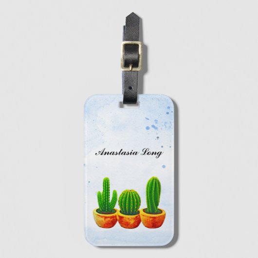 Étiquette À Bagage Cactus d'aquarelle bleu doux et vert (Devant Vertical)
