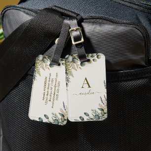 Étiquette À Bagage Cadre géométrique doré avec feuillage d'eucalyptus