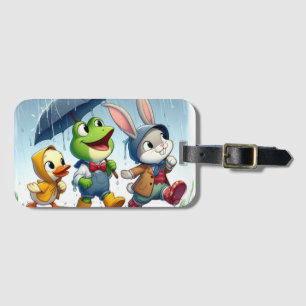 Étiquette À Bagage Canard mignon, grenouille, lapin sous la pluie