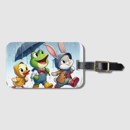 Étiquette À Bagage Canard mignon, grenouille, lapin sous la pluie (Devant Horizontal)