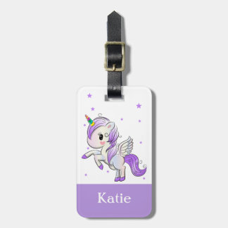 Étiquette À Bagage Caricature violette mignonne Unicorn Pegasus