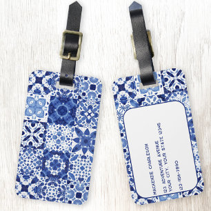 Étiquette À Bagage Carreaux Bleus Bleu Méditerranéen Motif Aquarelle