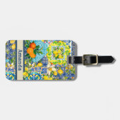 Étiquette À Bagage Carreaux fleuris d'agrumes siciliens bleu chic (Devant horizontal)