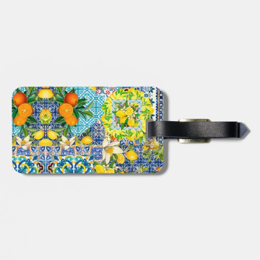 Étiquette À Bagage Carreaux fleuris d'agrumes siciliens bleu chic (Dos horizontal)