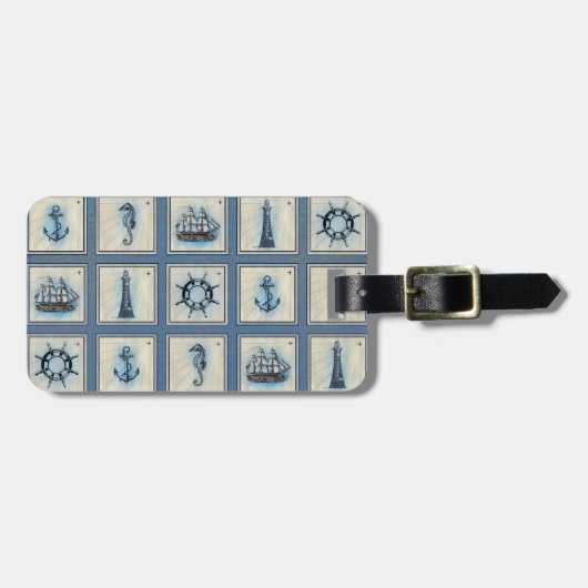 Étiquette À Bagage Carreaux marins | Blue Lighthouse Ancre Ship Wheel (Devant horizontal)