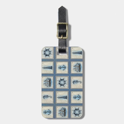 Étiquette À Bagage Carreaux marins | Blue Lighthouse Ancre Ship Wheel (Devant Vertical)