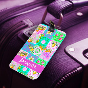 Étiquette À Bagage Carrelages floraux de collage d'agrumes rose chic